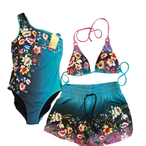 Johnny Was Other - Johnny Was Ombré High Waist Shorts, Bikini Top and One Piece Swimsuit